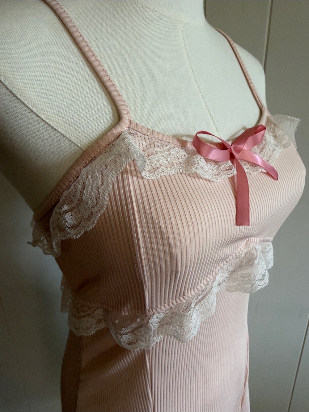 Coquette Cottagecore Pink Ribbed Lace-Trim Slip Dress Soft Girl Size Small - Picture 9 of 12